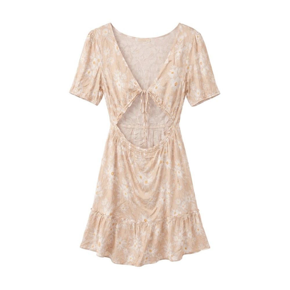 ILLA ILLA Floral Cutout Tie Front Mini Dress L | Cottagecore Milkmaid Ruffle